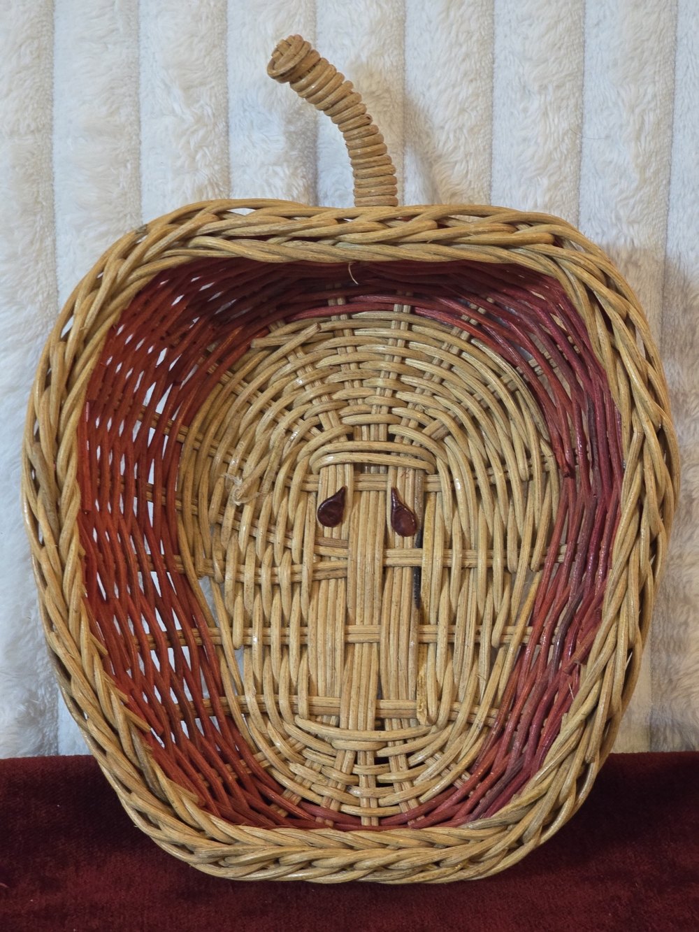 Vintage Apple Shaped Wicker Basket Red Trim Core Details Cottagecore Farmhouse